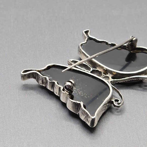 VTG Sterling Silver 925 Butterfly Brooch 2" Marcasite Black Onyx 14.67g - Picture 4 of 11